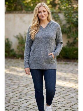 Market & Spruce Grey Heathered Knit Hooded Pullover Sweater With Pockets Size L